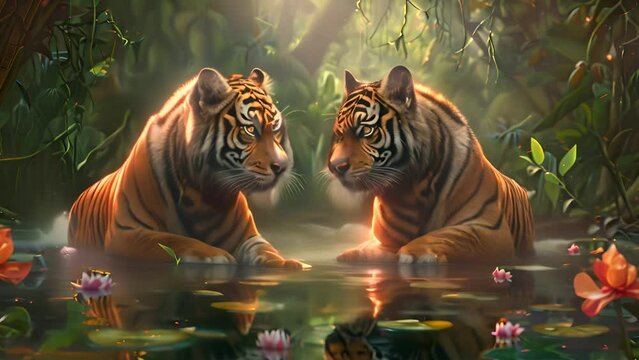 Majestic Tigers Mirroring in Jungle Water with Ai generated.
