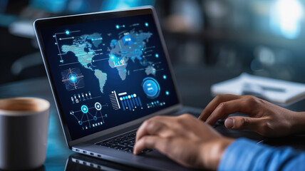 African American Man Analyzing Global Data on Laptop in Office Setting