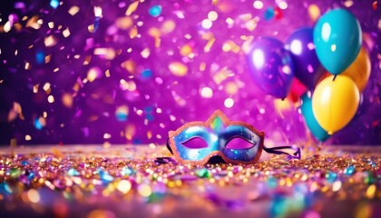 'violeta carnaval globos color en fondo confeti confetti vertical m?scara formato carnival invitation party mask sparkle coloration violet background celebration masque decoration fe'