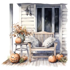 Watercolor illustration of a porch with a wicker chair and pumpkins