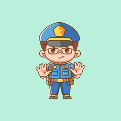 Cute police officer uniform show hands kawaii chibi character mascot illustration outline style design