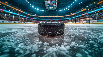 An ice rink with a hockey puck gliding effortlessly across the smooth surface, creating a sense of anticipation and excitement. - obrazy, fototapety, plakaty