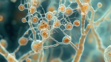 A stunning microscopic image of fungal spores forming a delicate weblike network showcasing the complexity and interconnectedness - obrazy, fototapety, plakaty