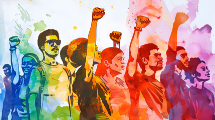 A Watercolor Painting of a Group of African American Men and Women With Their Fists Raised