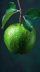 A single green apple hanging vertically from a tree branch.