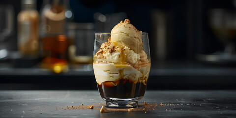 Indulgent affogato with smooth vanilla gelato and bold dark espresso. Perfect harmony.