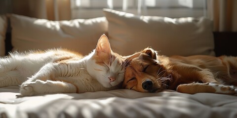 A white cat and a yellow dog are laying together on a bed. The pets are peacefully resting side by side, creating a heartwarming scene.
