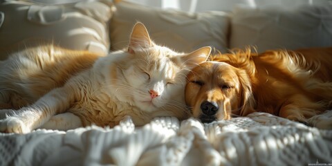 A white cat and a yellow dog are peacefully laying side by side on a bed, cozy and relaxed.