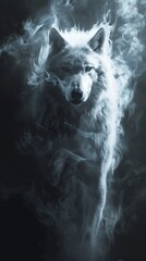 A white wolf breathing out a large amount of smoke in a dark background.