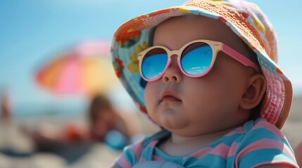 A baby wearing sunglasses and a hat while sitting on the beach, enjoying the sun and the sand.