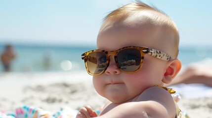 A baby with sunglasses enjoying the sunny beach.