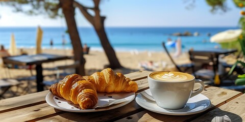 A plate of croissants sits next to a cup of coffee on a wooden table in a terrace setting.