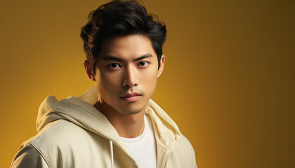 A man with a white hoodie and a serious expression looks directly at the camera. He has a yellow background behind him.