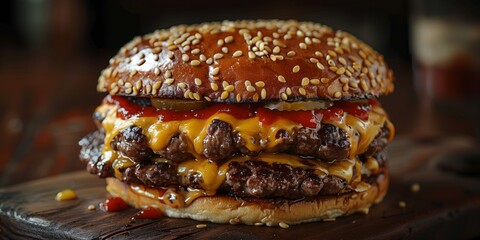 A cheeseburger placed on a wooden cutting board, showcasing its delicious ingredients and presentation.