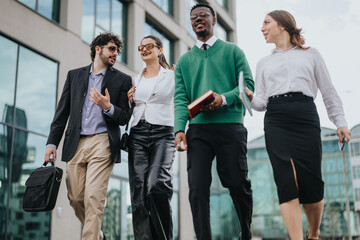 A dynamic snapshot of young professionals from a startup engaging in a project discussion while walking in a city area.