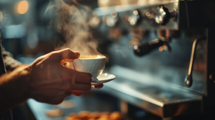 Close-up of  hands holding a steaming espresso cup focused on the cup with a blurred background of a rustic cafe