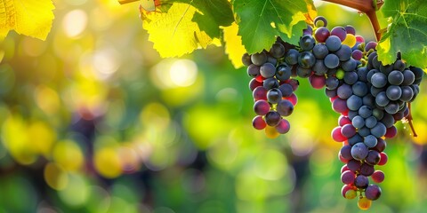 A group of black wine grapes hangs from a vine, ready for harvesting.