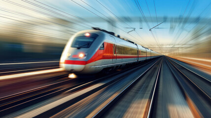 Naklejka premium High speed train motion railway station sunset. Fast moving modern passenger train railway platform Railroad motion blur effect
