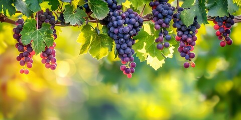 A cluster of black wine grapes hang on a vine in a garden