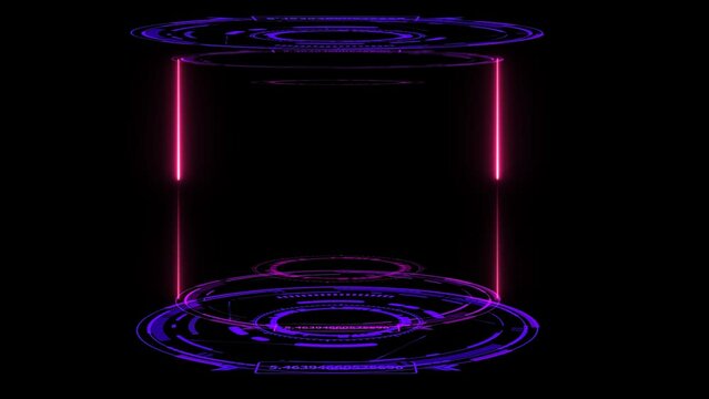 Digital laboratory capsule with laser magenta neon on the black screen
