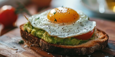 A toast topped with a fresh avocado, a perfectly cooked runny egg, and a slice of tomato.