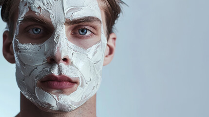 Closeup Portrait of Young Man with Clay Face Mask Treatment