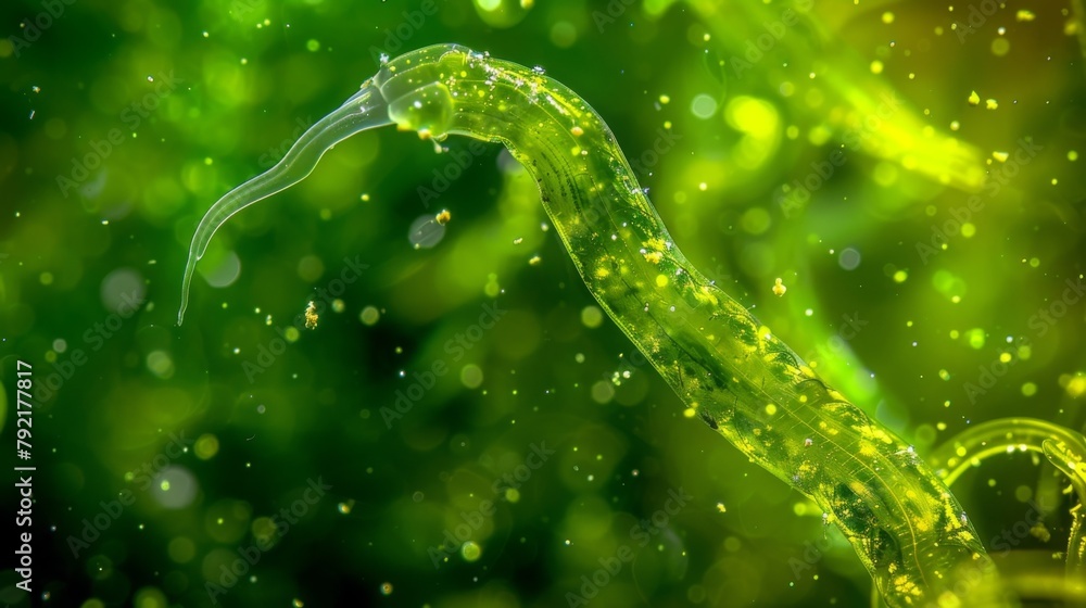 Poster a closeup image of a transparent nematode with a long pointed tail wriggling a algae and other micro