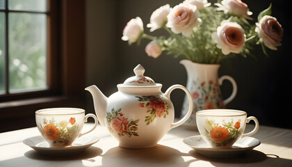 Decorative floral teapot and cups on table with vase of flowers