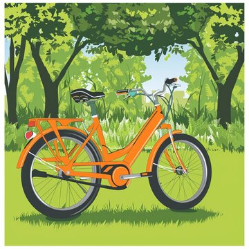 colorful background of world car free day with green bicycle concept, colorful cartoon illustration style, bicycle park at forest background illustration
