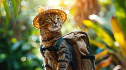 A cat hiker dressed in a hat and carrying a backpack.