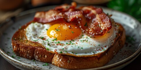A close-up view of a plate with brown toast, fried eggs, and bacon.