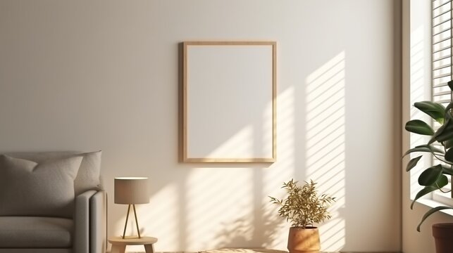 Living room interior with blank picture frame hanging on wall with natural light from window.