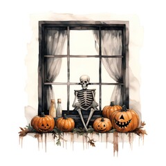 Halloween pumpkin lanterns, skeleton in the window, watercolor illustration