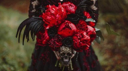 The brides bouquet of red peonies and black feathers with a small intricately carved skull suspended in the center. .