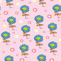 Colorful vector illustration of repeated pattern with flowers in a casual style.