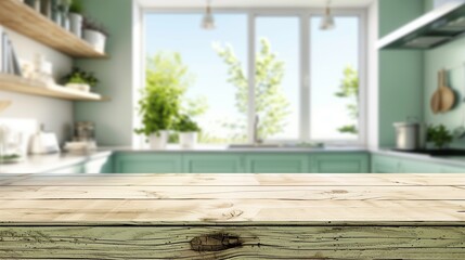 Fototapeta na wymiar Sunny Green Kitchen Interior with Wooden Worktop