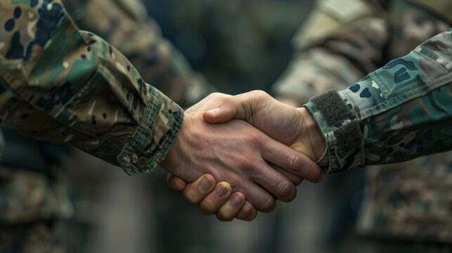 Two military officers shake hands representing the signing of an intelligence sharing agreement between allied nations. .