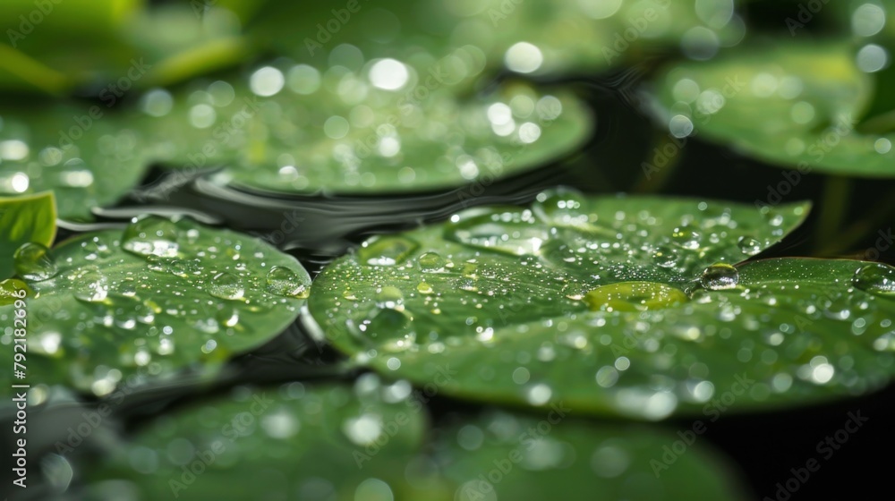 Poster a closeup of a tiny delicate water lily leaf floating on the surface of a pristine pond with intrica