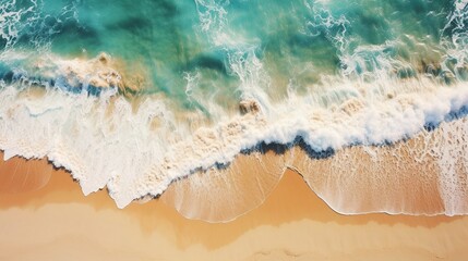 Fototapeta na wymiar White sandy tropical beach with sea waves. Top view landscape image.