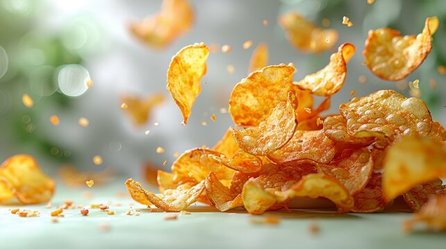 Crispy delicious potato chips on a green colored background falling through the air. 