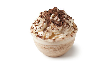 Creamy dessert topped with chocolate shavings, served in a ceramic bowl.