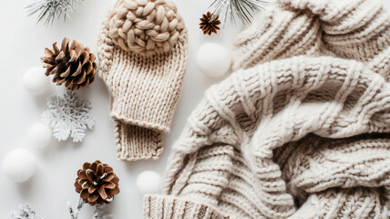 Cozy winter accessories arranged neatly, featuring a knit hat, sweater, and decorations.