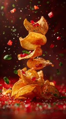 Crispy delicious potato chips on a colored background falling through the air. 
