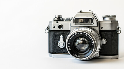 Classic silver and black film camera with a prominent lens and vintage design.