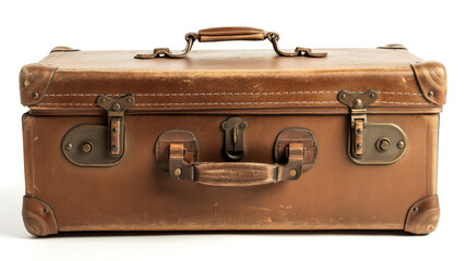 An old-fashioned brown leather suitcase with worn locks and a sturdy handle.
