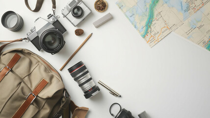 Travel photography essentials neatly arranged with space for planning and notes.