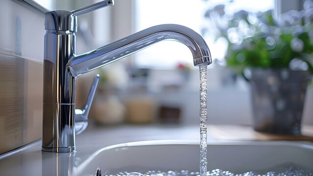 Improving plumbing by fixing kitchen sink faucet to prevent water waste. Concept Plumbing, Kitchen Sink Faucet, Water Conservation, Fixing, Preventing Water Waste