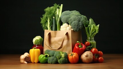 Paper bag with full of fresh vegetables for healthy food concept background.