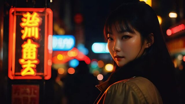 Asian woman looking at the camera Glowing signs flicker city nightlife ambiance in the style of photo taken on film film grain vintage seamless loop animation