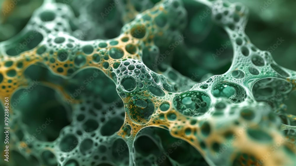 Poster a 3d image of a colony of algae cells showcasing their organized arrangement and interconnected stru